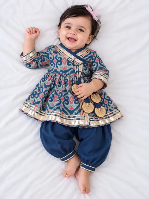 Infants Ikkat Print Cotton Kurti With Salwar Set Blue