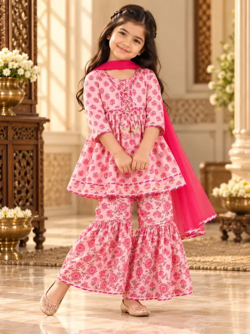Girls Floral Full Sleeves Cotton Kurti Sharara with Dupatta Set - Pink