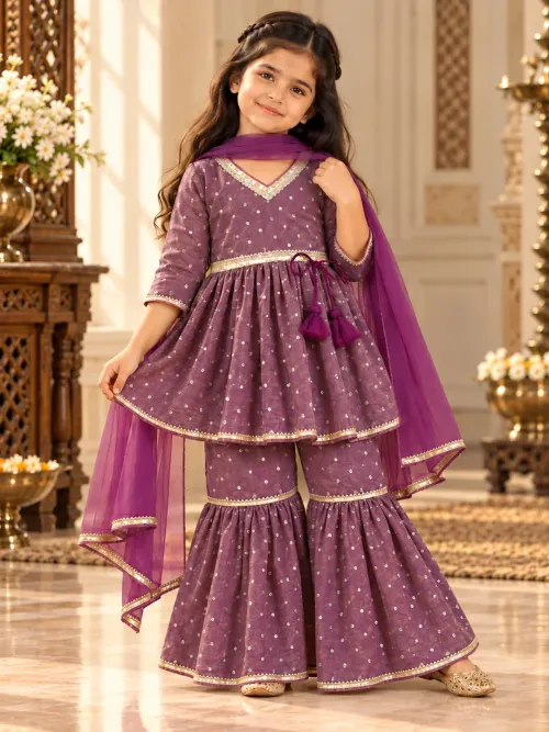 Girls Purple Woven Full Sleeves Flared Kurti, Sharara and Dupatta Set