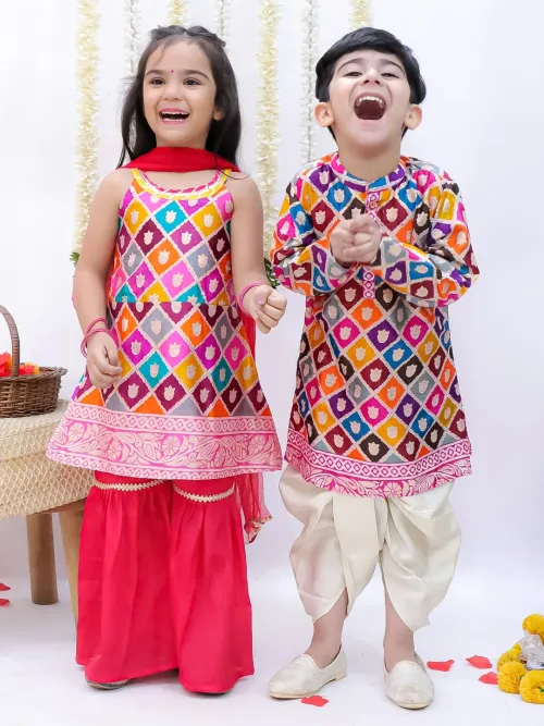 Girls Sitara Printed Kurti Sharara Dupatta Set with Boys Sitara Printed Kurta Dhoti Set – Sibling Matching Set