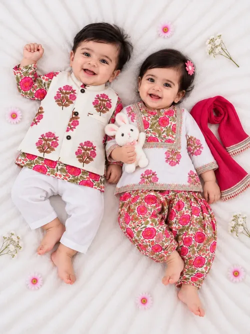 Infants Floral Printed Kurti Salwar and Dupatta Set with Printed Kurta Pyjama and Jacket Set - Pink