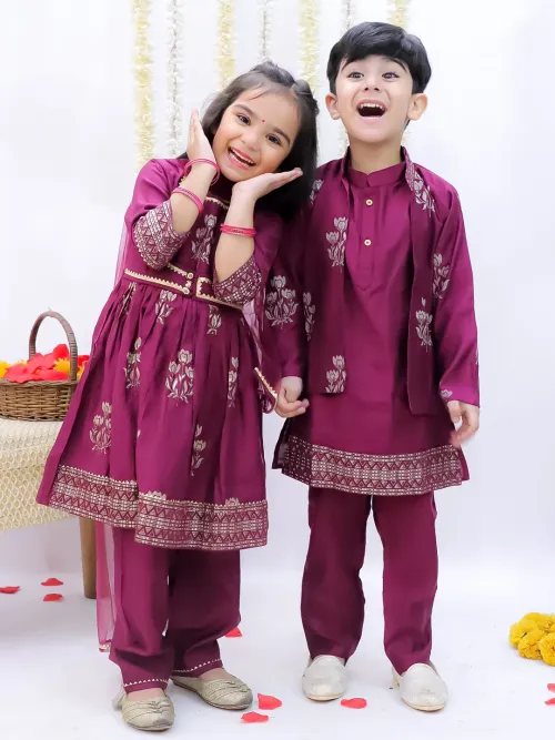 Girls Block Print Anarkali Pant with Dupatta and Boys Block Print Kurta Pyjama with Jacket Set - Wine