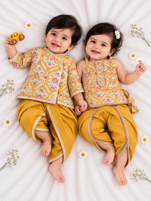 Infants Cotton Kurti and Dhoti Set for Girls and Boys – Yellow Printed
