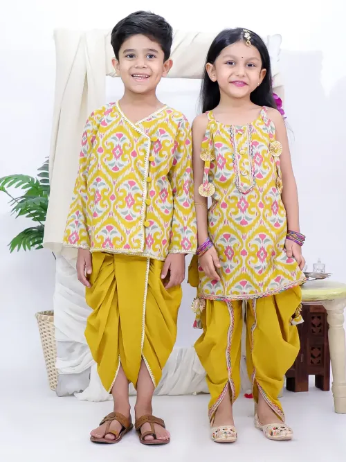 Cotton Kurti and Dhoti Set for Girls with Printed Kurta and Dhoti Set for Boys, Yellow