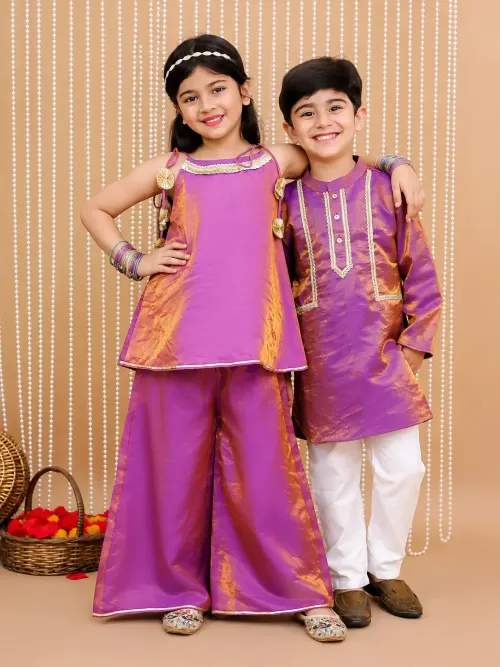 Royal Silk Girls Top Palazzo Fusion Set with Boys Kurta Pyjama Sibling Matching Set