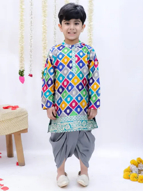 Boys Grey Sitara Printed Kurta and Dhoti Set