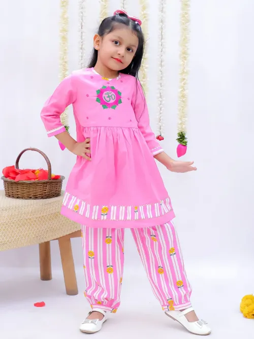 Om Embroidered Kurti with Salwar Set for Girls - Pink