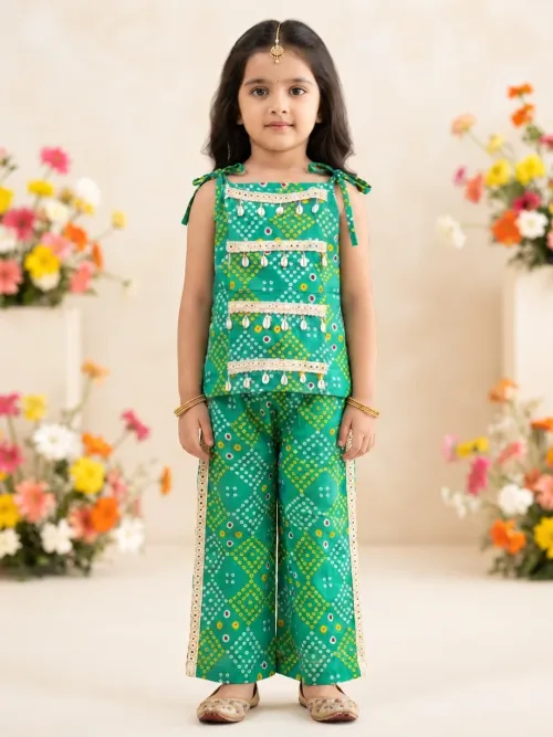 Girls Green Bandhani Print Cotton Co-ord Set – Navratri Festive Wear