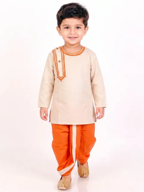 Boys Embroidered Round Neck Cotton Kurta Dhoti Set – Off White