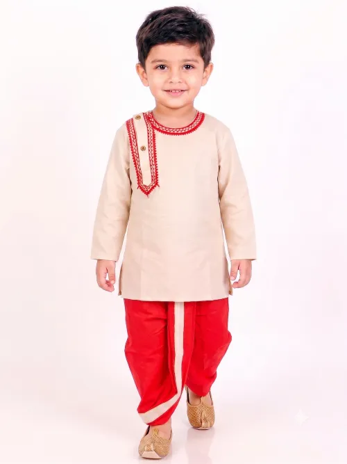 Boys Embroidered Round Neck Cotton Kurta Dhoti Set