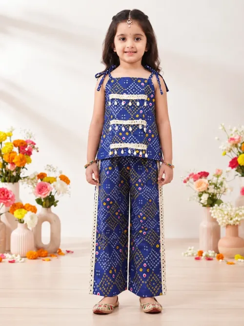 Navratri Bandhani Print Cotton Co-ord Set for Girls - Blue