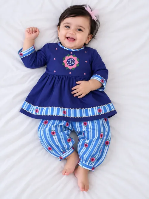 Infants Om Embroidered Kurti With Salwar Set For Girls - Blue