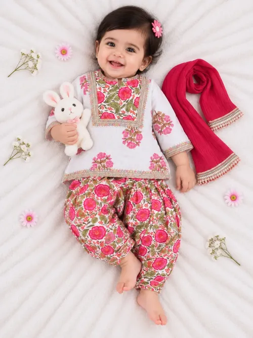 Girls Pure Cotton Printed Kurti Salwar with Dupatta - Pink