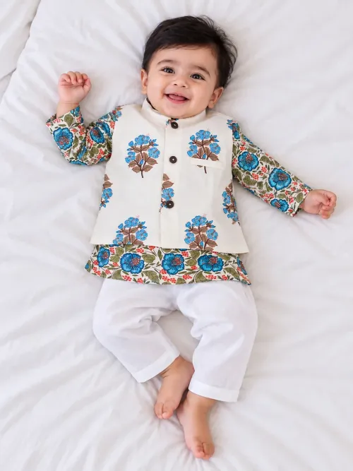 Infant Boys Phool Bahar Pure Cotton Kurta Pajama with Jacket Set - Blue