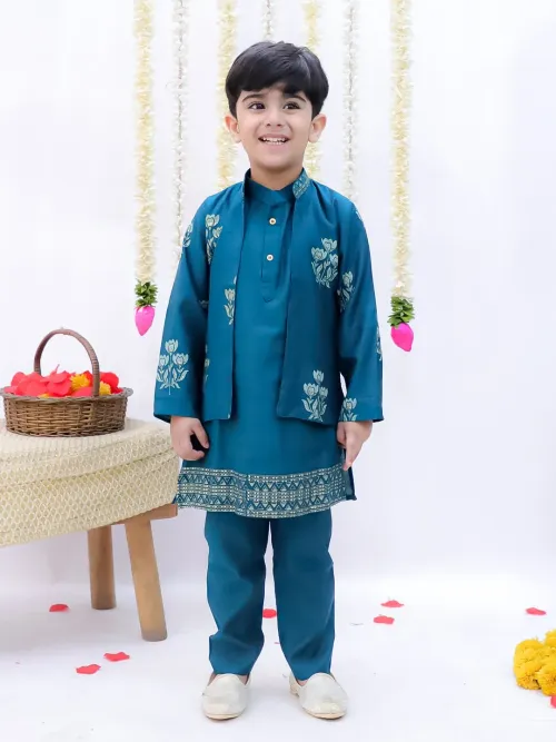 Boys Block Print Kurta Pyjama With Jacket Set - Blue