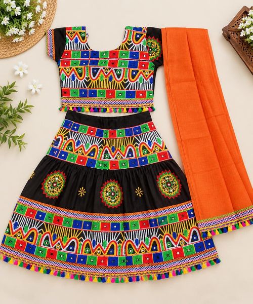 Girls Black Cotton Mirror Work Embroidered Garba Lehenga Choli with Dupatta Set