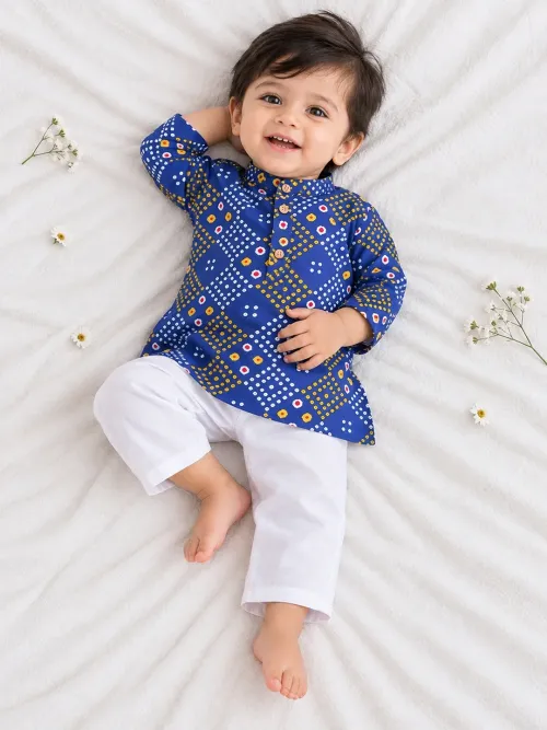Infants Bandhej Print Cotton Kurta With Pyjama Set For Boys - Blue