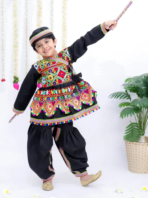 Boys Navratri Printed Cotton Kedia Set - Black