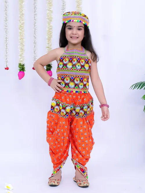 Girls Navratri Printed Cotton Top, Dhoti and Cap Set – Orange