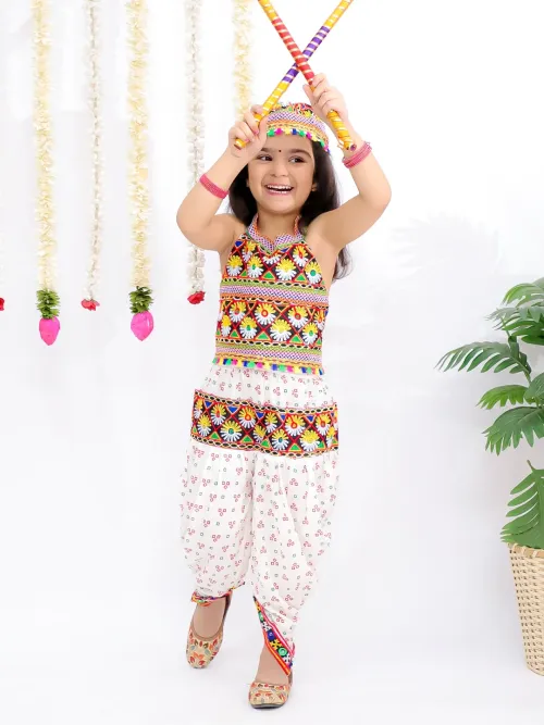 Girls' Navratri Printed Cotton Top, Dhoti and Cap Set – White