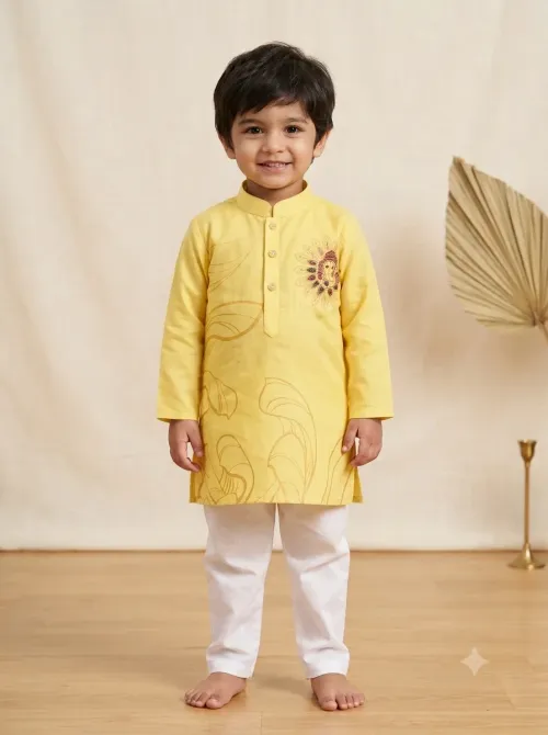 Boys Yellow Bappa Digital Print Kurta and Pyjama Set