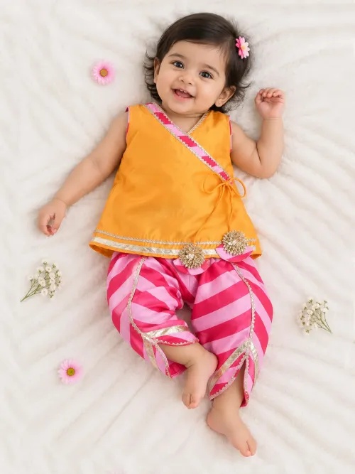 Angarakha Kurti With Leheriya Dhoti Set For Girls