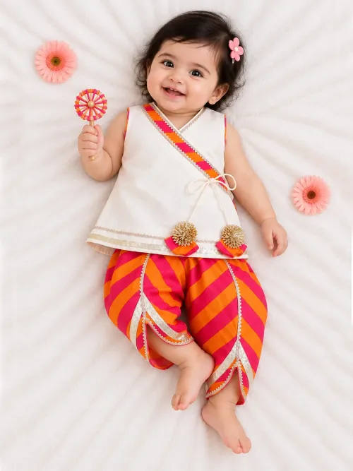 Angarakha Kurti with Leheriya Dhoti Set for Girls in Offwhite
