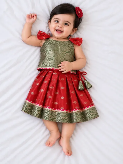 Jacquard Pattu Pavadai Skirt & Top Set for Girls – Red