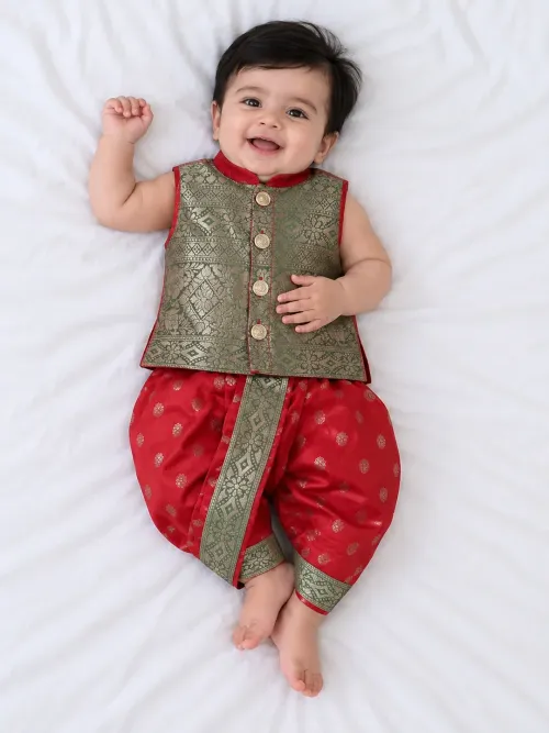 Boys Red Jacquard Jacket And Dhoti Set