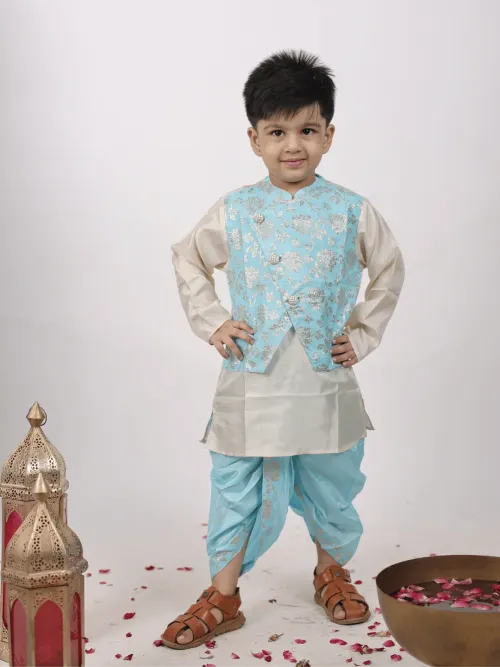 Boys Jacquard Kurta Dhoti with Attached Jacket Set