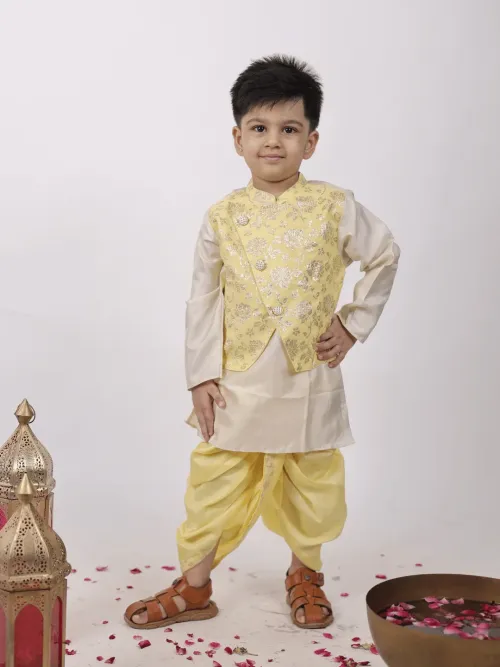 Boys Jacquard Kurta Dhoti Set with Attached Jacket