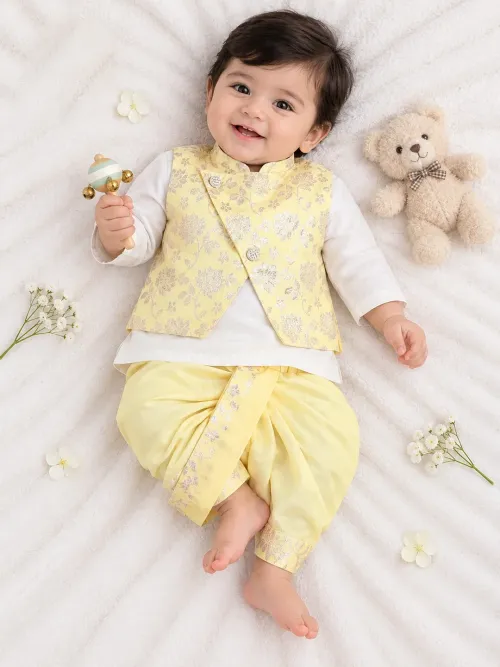 Infants Jacquard Kurta Dhoti with Attached Jacket Set for Boys