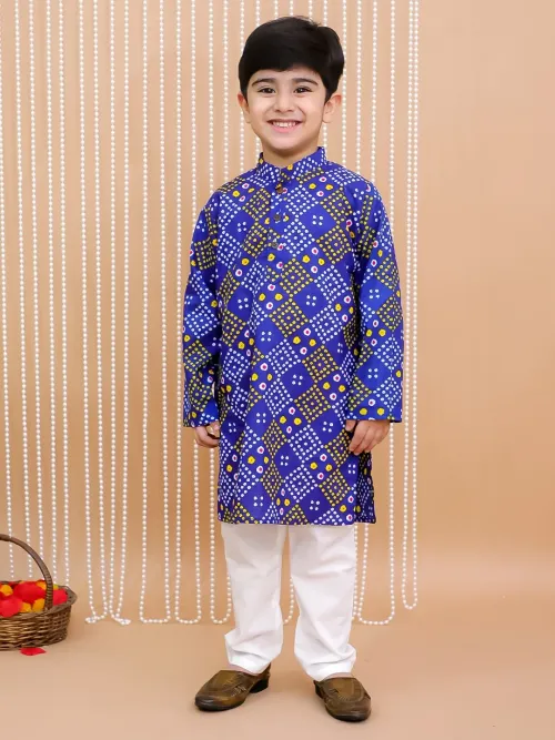 Bandhej Print Cotton Kurta With Pyjama Set For Boys - Blue