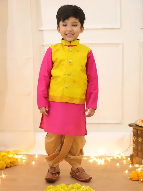 Boys Poly Silk Embroidered Kurta Dhoti Set with Attached Jacket