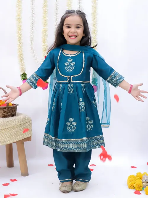 Girls Block Print Anarkali Pant with Dupatta - Blue