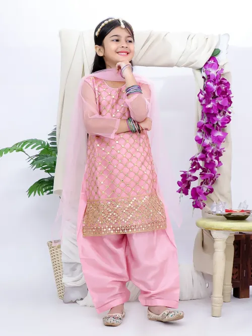 Girls Pink Mirror Work Embroidered Kurti Salwar With Dupatta Set