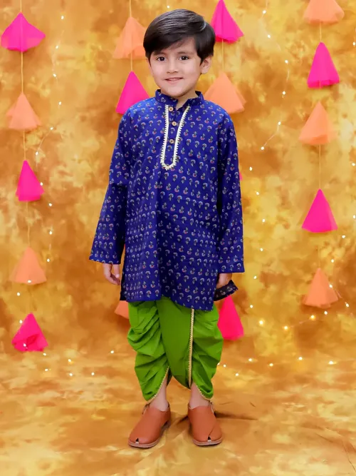 Boys Blue Printed Cotton Kurta and Dhoti Set
