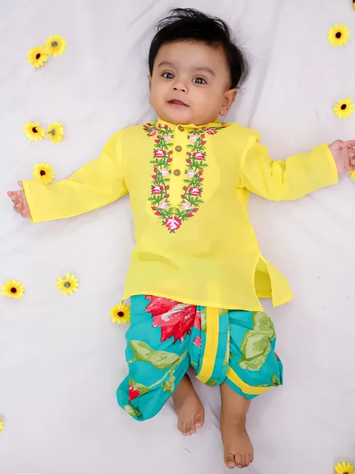 Infants Cotton Floral Embroidered Kurta With Dhoti Set For Boys