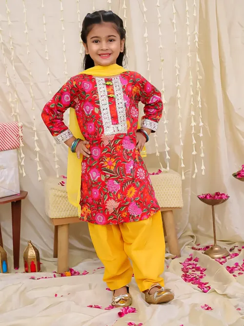 Mogra Floral Printed Cotton Kurti Salwar Set with Dupatta for Girls - Red