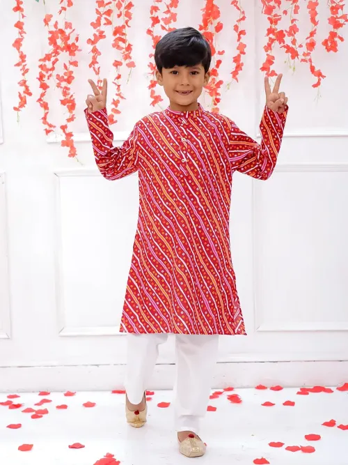 Kids Red Printed Cotton Kurta Pyjama Set with Mandarin Collar – Full Sleeves
