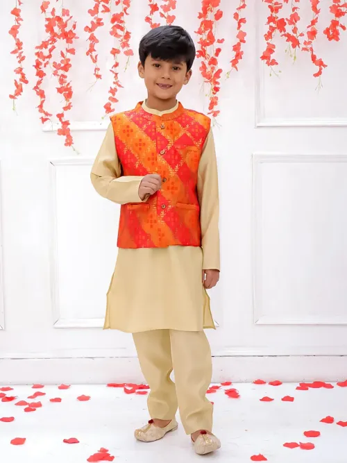 Kids Bandhani Bundi with Gold Kurta Pyjama Set – Orange