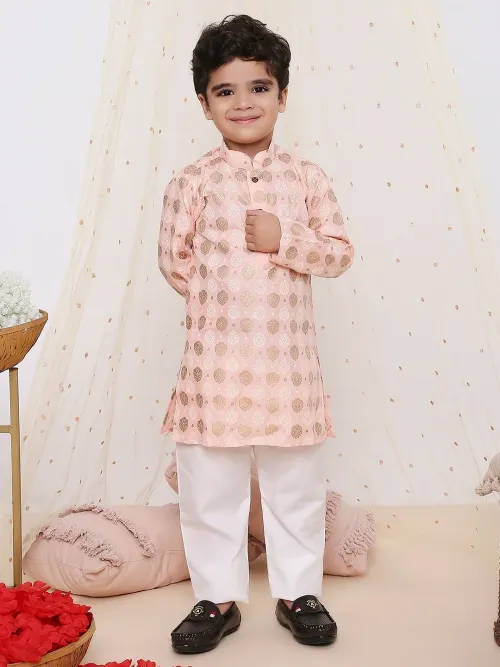 Kids Peach Silk Blend Kurta Pyjama Set – Printed Kurta with Mandarin Collar, Full Sleeves