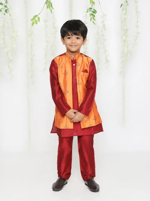Kids Red Sequin Embroidered Silk Blend Kurta Pyjama with Attached Jacket Set