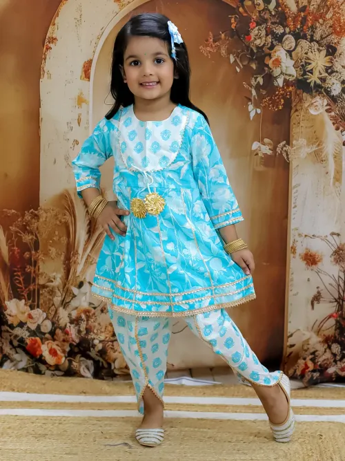 Kids Floral Printed Cotton Kurti and Dhoti Set – Blue
