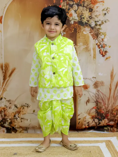 Boys Floral Print Cotton Kurta, Dhoti and Jacket Set - Green