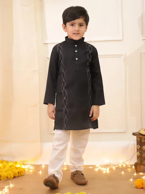 Boys Embroidered Silk Kurta Pyjama Set in Black
