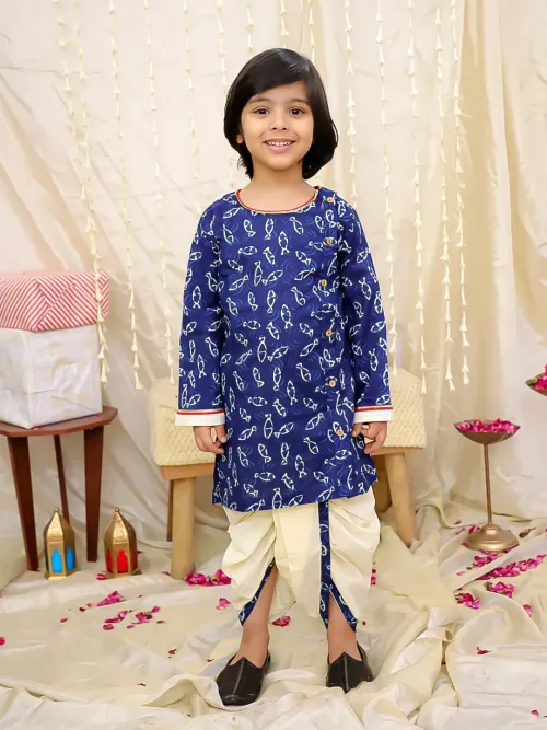 Boys Navy Blue Printed Cotton Kurta and Solid Dhoti Set