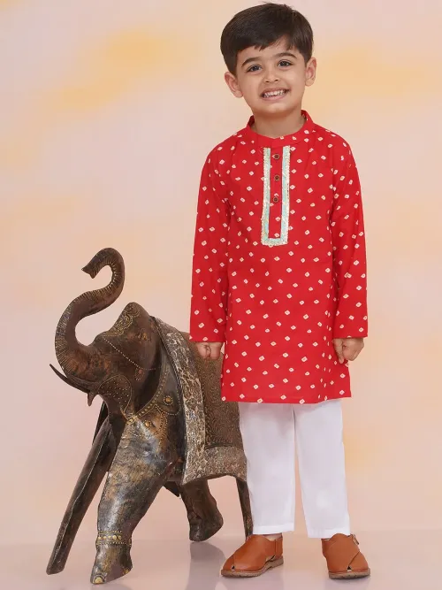 Chandaa Bandhani Print Cotton Kurta Pyjama Set for Boys – Red