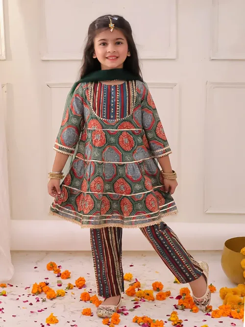 Girls 3-Tier Kurti with Pants and Dupatta – Green