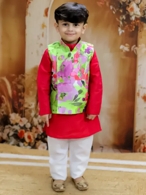 Kids Red Silk Blend Kurta Pyjama Set with Printed Jacket